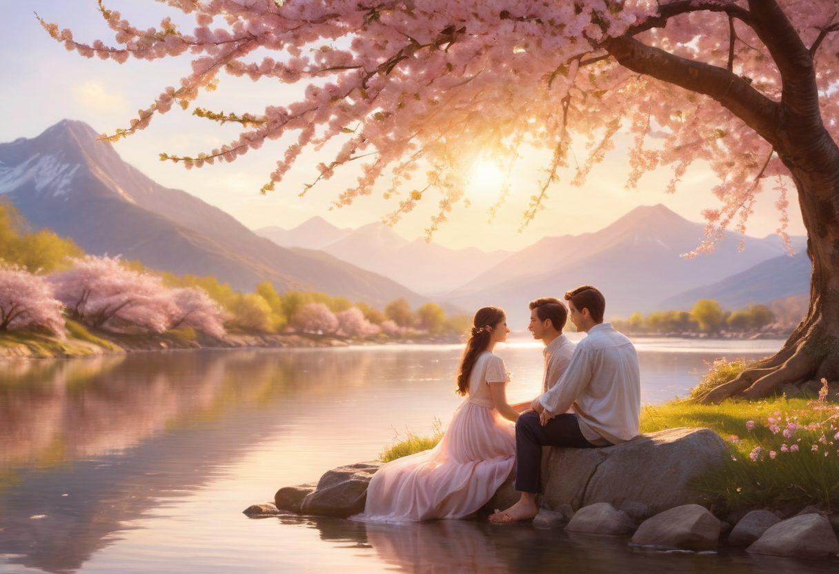 A serene couple sitting under a blooming cherry blossom tree, sharing a heartfelt conversation, surrounded by soft golden sunlight and distant mountains. The background includes gentle flowing water and vibrant flowers symbolizing growth and harmony in relationships. The scene radiates warmth and connection, capturing the essence of enduring love. soft focus. pastel colors. ethereal glow.