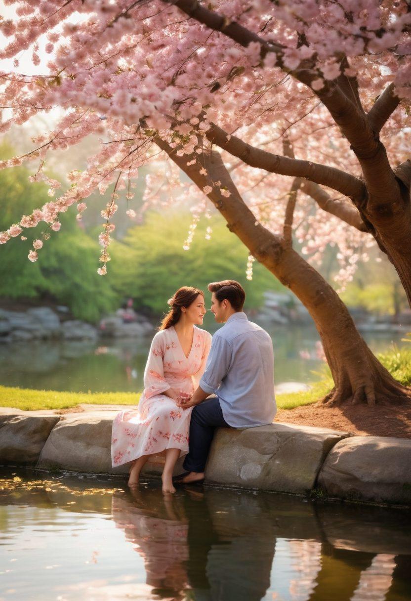 A serene couple sitting together under a blooming cherry blossom tree, sharing stories and laughter, with soft sunlight filtering through the blossoms. Their expressions show affection and commitment. In the background, a tranquil pond reflects the scene, symbolizing deepening connections. super-realistic. vibrant colors. romantic atmosphere.