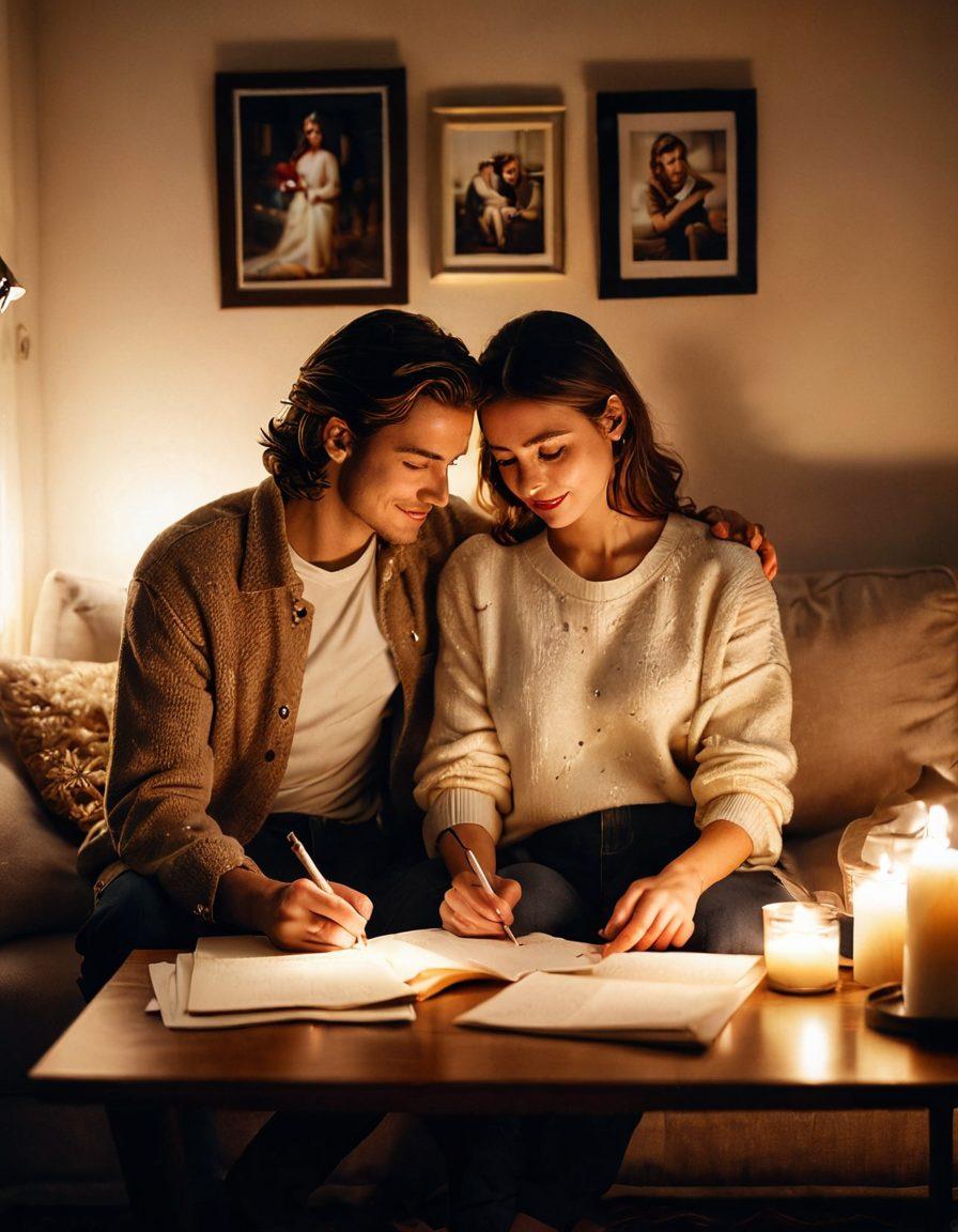 A couple sitting together on a cozy sofa, surrounded by soft lighting, sharing a heartwarming moment while writing love letters to each other. Their surroundings filled with heartfelt memories, like photos in frames and sentimental trinkets. The atmosphere is intimate and warm, conveying deep emotional connection and romance. super-realistic. warm tones. soft focus.